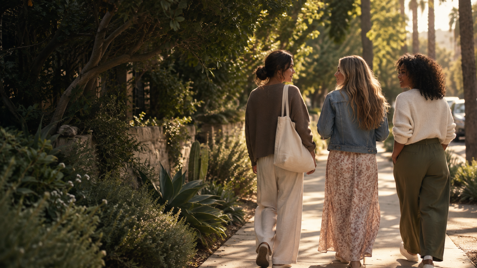 Illustrative scene of three women walking together on a leafy neighborhood path
