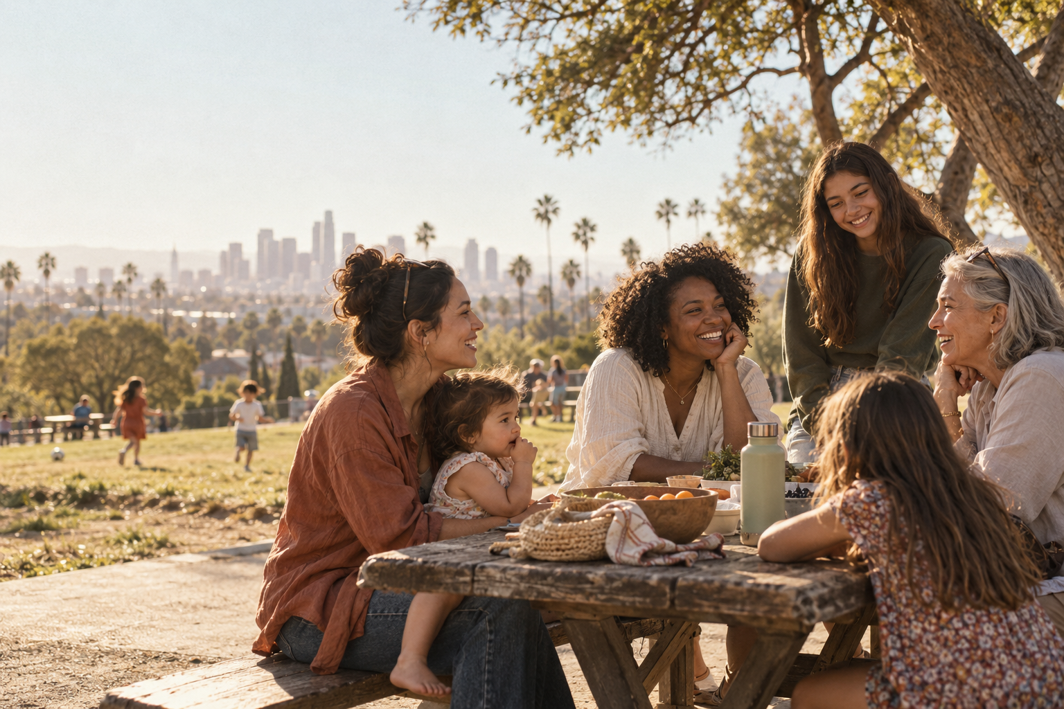 Illustrative scene of mothers and children gathered in a Los Angeles park